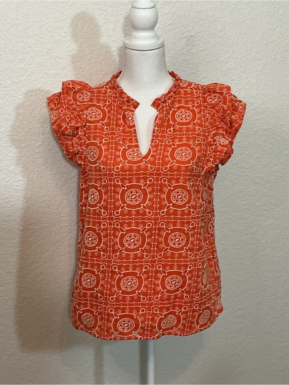 Women's Orange Printed Ruffle-Sleeve Top